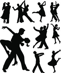 Silhouettes of dancing couples, various dance styles, ballroom, salsa, tango, waltz, expressive movements, elegant poses, romantic atmosphere, partner dance, energetic, joyful