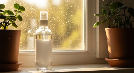 Spray Bottle and Plants on Window Sill, Sunlight.