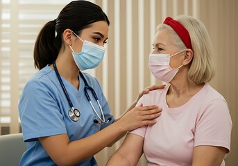 A compassionate nurse wearing a face mask gently places her hand on the shoulder of an elderly patient, who is also masked, during a medical consultation.
