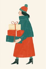 Christmas woman carrying gift boxes character green gifts.