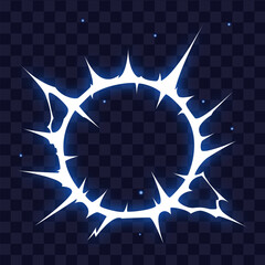 Manga thunder effect background creates cartoon energy circle with bright glowing sparks. Manga thunder bg vector suits comic electric blast, anime action, flash strike or game vfx.