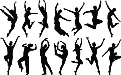 Silhouettes of dancers jumping, ballet and contemporary dance poses, dynamic movement, artistic expression, performing arts, graceful dancers, energy, creativity, passion, body movement