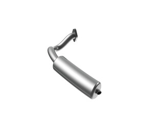 High-Resolution 3D Rendering of a Stainless Steel Automotive Exhaust Muffler and Pipe Assembly Isolated on a Transparent PNG Background for Auto Repair and Replacement Parts Catalogs, Ready for Web an
