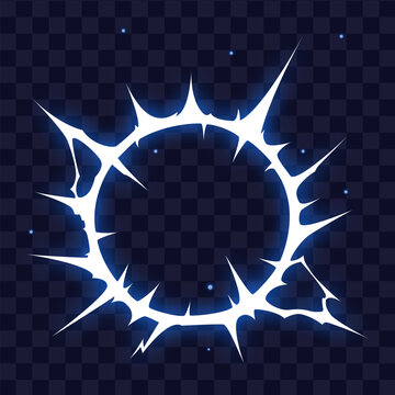 Manga thunder effect background creates cartoon energy circle with bright glowing sparks. Manga thunder bg vector suits comic electric blast, anime action, flash strike or game vfx.