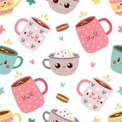 Cute Coffee cups and sweet treats seamless pattern. Hand Drawn Coffee mugs in kawaii style. Cute mugs with various patterns and designs. Vector illustration. Isolated on white background.
