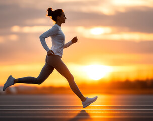 Sporty woman running along a road at sunset, embracing the beauty of her outdoor workout and the vibrant colors of the evening sky