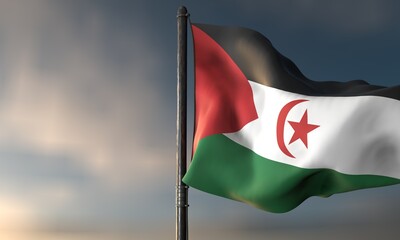 Sahrawi Arab Democratic Republic Flag: A vibrant Sahrawi Arab Democratic Republic flag waves proudly against a serene, slightly overcast sky, embodying national pride. 