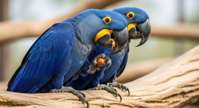 Two Majestic Blue Macaws Enjoying a Treat Together on a Branch