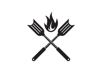 Crossed BBQ Forks with Flame:  Bold Black and White Grill Icon, Vintage Style, Hot Summer Food Graphic.