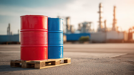 Industrial Barrels on Pallet: A trio of industrial barrels, painted in vibrant red and blue, sit atop a wooden pallet in a sun-drenched industrial landscape.