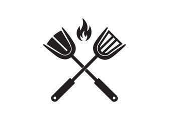Crossed BBQ Spatulas with Flame: Bold Black and White Grill Icon Design.
