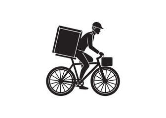 Delivery Cyclist Silhouette: Monochrome Vector Illustration of a Courier on Bicycle with Cargo Box.