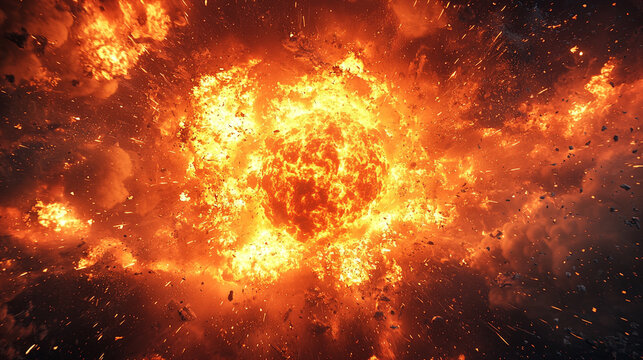 巨大爆発の火球と飛散するエネルギー背景
