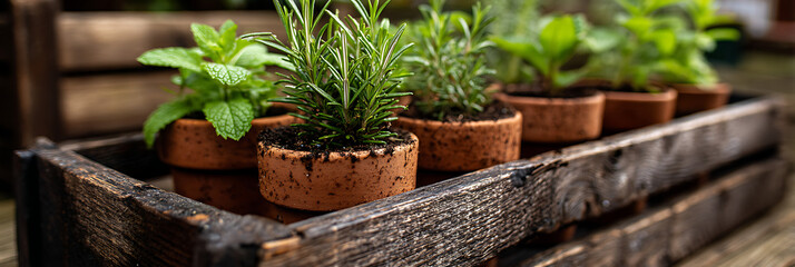 A rustic wooden crate filled with fresh culinary herbs like rosemary and mint in small terracotta pots. A concept for home gardening and fresh cooking.
