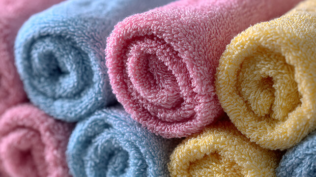 A close-up of soft, colorful, rolled-up terrycloth towels in pastel shades. A cozy concept for spa, laundry, home comfort, and textile backgrounds.
