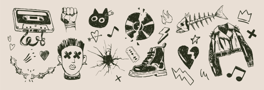 Hand drawn punk rock doodle set with cassette, leather jacket, mohawk, boots, barbed wire, broken heart, razor blade, vinyl and rebellious grunge elements. Vector illustration.