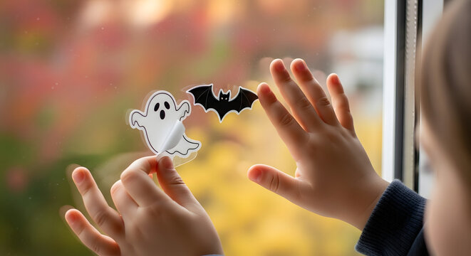  Child's hands decorating window with Halloween ghost and bat decals during autumn