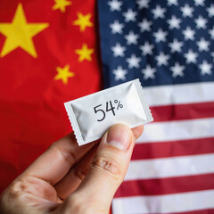 A conceptual depiction of US-China trade statistics, with a hand holding a packet showing 54% in front of the two nations' flags, symbolizing tariffs and economy.
