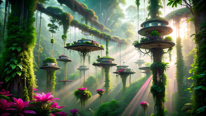 Rainforest Canopy Filled With Hovering Robotic Platforms In Future World