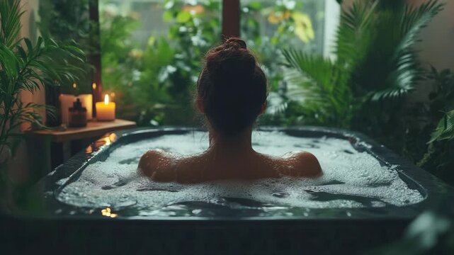 Woman from behind with a tranquil mood, relaxing in a bubble bath, representing wellness, against a lush, candlelit bathroom background