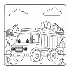 Cute Dump Truck and Excavator Friends on a Sunny Day Coloring Page