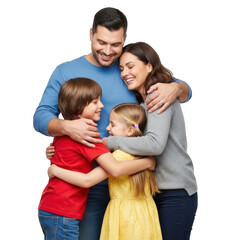 Fototapeta premium Happy family of four embracing warmly isolated on transparent background