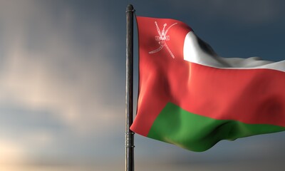 Omani Flag in the Breeze: A vibrant Omani flag flutters gracefully in a gentle breeze, its colors standing out against the backdrop of a cloudy sky.