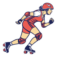Red roller derby player in motion with protective gear and lightning bolt helmet roller skates athlete