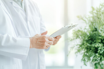 Senior medical professional in white coat reviewing patient chart in bright modern clinic near green indoor plant