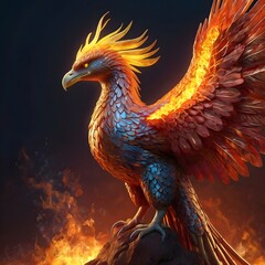 Rising Phoenix, symbolizing rebirth and resilience. Mythical conceptual illustration. AI generated image.