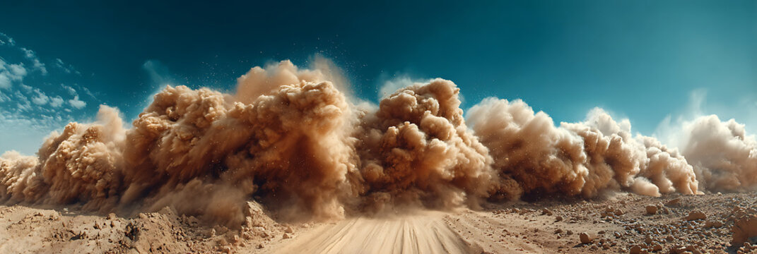 A dramatic panoramic of a massive brown dust storm rolling across a desert, kicking up clouds of sand against a blue sky. An epic, powerful nature scene.
