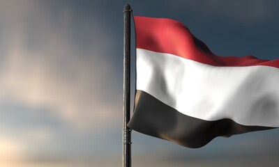 Yemeni Flag Waving: A powerful visual of the Yemen flag waving majestically against the backdrop of a cloudy sky, symbolizing patriotism and national pride.
