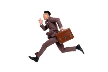 Senior businessman with a briefcase running, isolated on a transparent background.