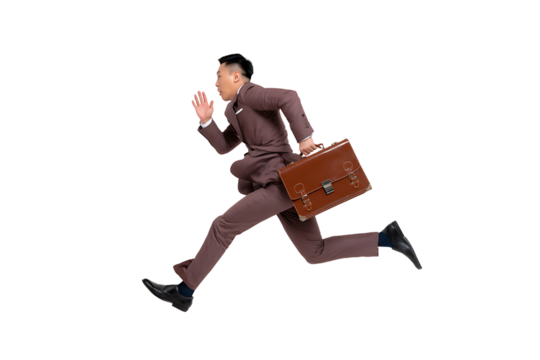Senior businessman with a briefcase running, isolated on a transparent background.