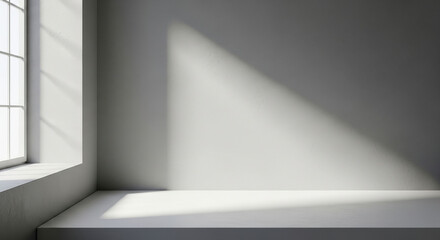 Fototapeta premium Sunlit Corner Room with Gray Wall and White Window Frame Minimalist Interior Space Shadow Play