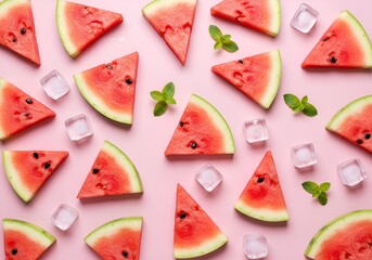 Artistic flat lay of watermelon slices with ice cubes and mint leaves on pastel background