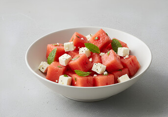 Watermelon salad with feta cheese and mint leaves served in elegant bowl