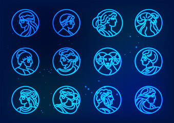  Glowing Neon Astrological Person Profiles Set 