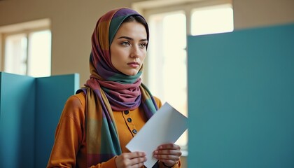 Young Middle Eastern woman wearing a colorful hijab stands in a voting booth holding a ballot. The setting is bright and modern, emphasizing civic engagement.