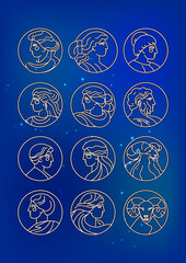 Neon Astrology Zodiac Characters in Profile Vector Illustration Set