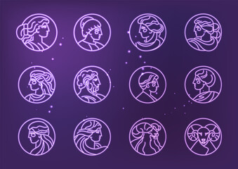 Neon Horoscope Zodiac Collection with Profile Characters