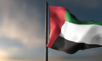 United Arab Emirates National Flag: A close-up perspective of the national flag of the United Arab Emirates, fluttering gently against a backdrop of a slightly overcast sky.