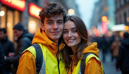 Two young Caucasian volunteers wearing bright yellow jackets smile in a busy urban street at night. City lights and people in the background create a lively atmosphere.