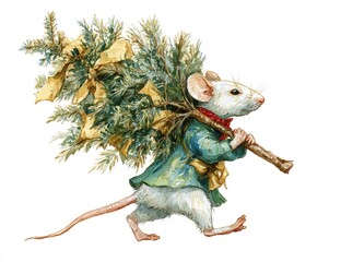 Watercolor illustration of a mouse, a symbol of 2020, carrying the Christmas tree a white background. High quality