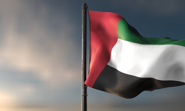United Arab Emirates National Flag: A close-up perspective of the national flag of the United Arab Emirates, fluttering gently against a backdrop of a slightly overcast sky.