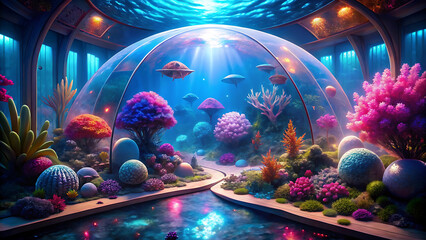 Underwater Coral Dome Bio Retreat With Glowing Marine Lights In Futuristic Ocean Scene  