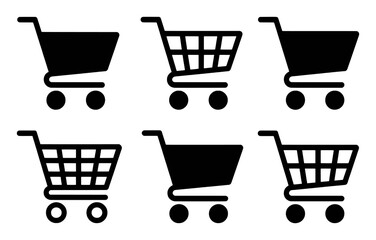 Collection of Black Shopping Cart Icons on White Background