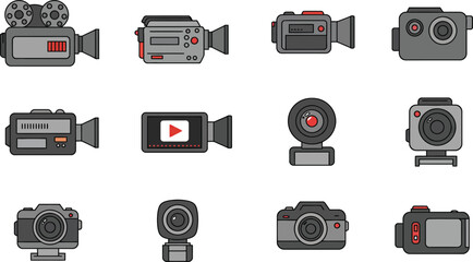 Flat Design Video Camera Vector Icon Set – Vintage Camcorder, DSLR, Webcam, Action Camera