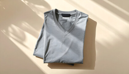 Folded Grey T-Shirt with Sunlight Shadows on Beige Background.