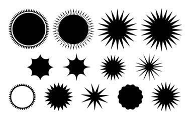 Collection of Black Starburst and Sunburst Shapes on White Background
